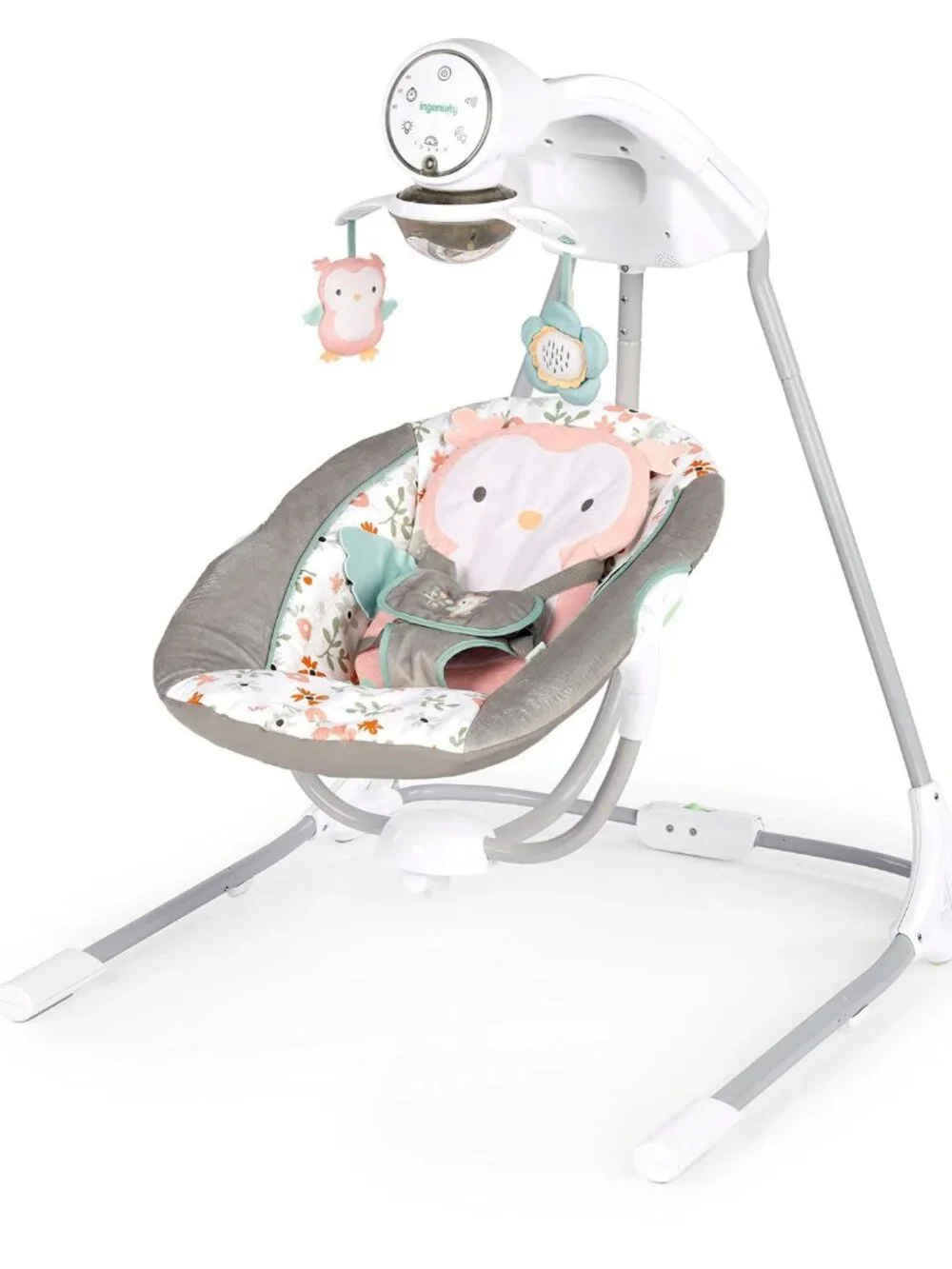 Baby Swing Gray Pink Rotating Seat 5 Speeds 20 Melodies